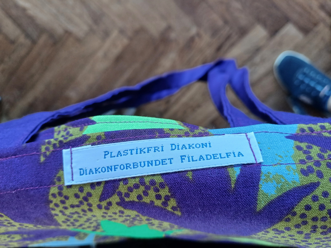 mulepose med teksten: Plastikfri diakoni. Diakonforbundet Filadelfia